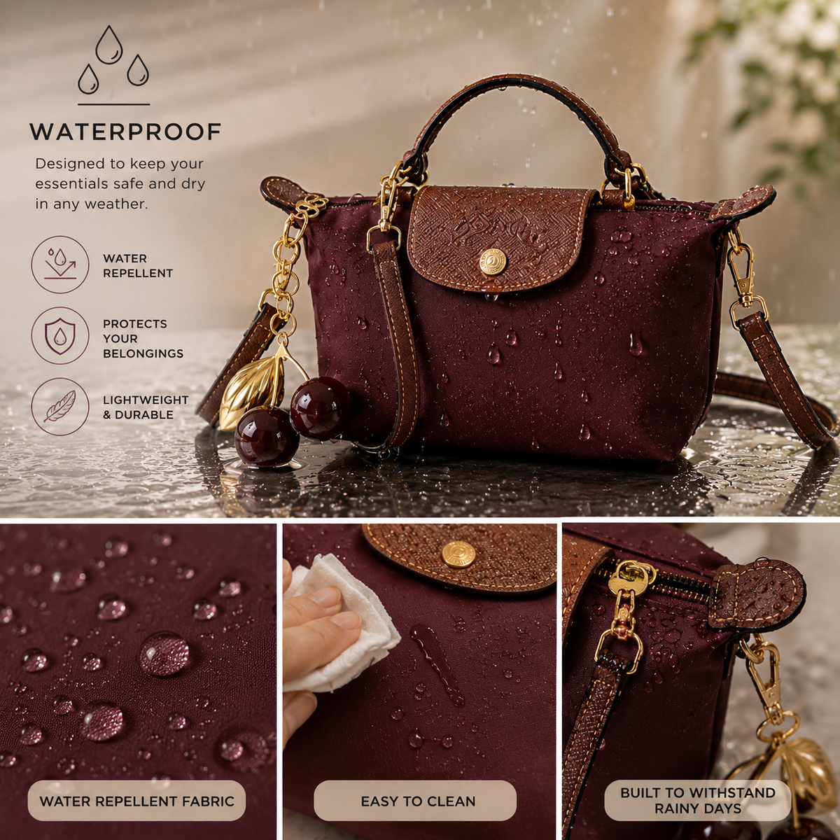 Luxury Burgundy waterproof mini Cross-body Bag