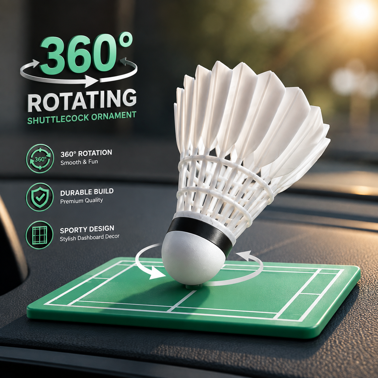 Sporty 360° Swivel Shuttlecock Dashboard Figurine