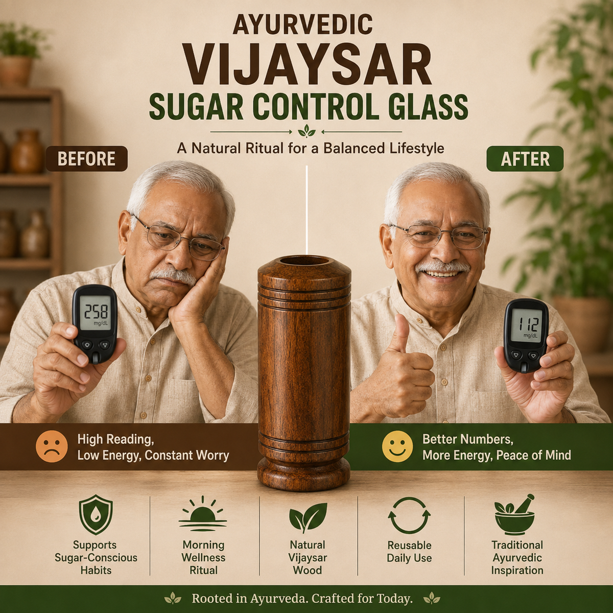 🌿Ayurvedic Vijaysar Wooden Sugar Control Glass ✨