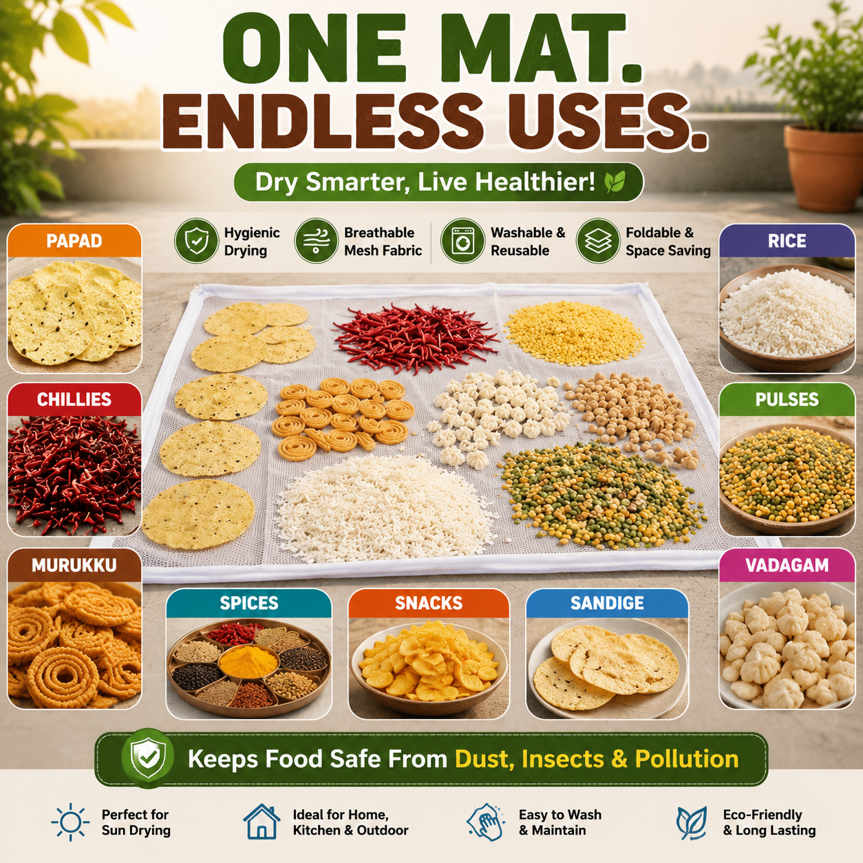 Universal Hygienic Sun Drying Mat for Masala, Haldi, Rice and more