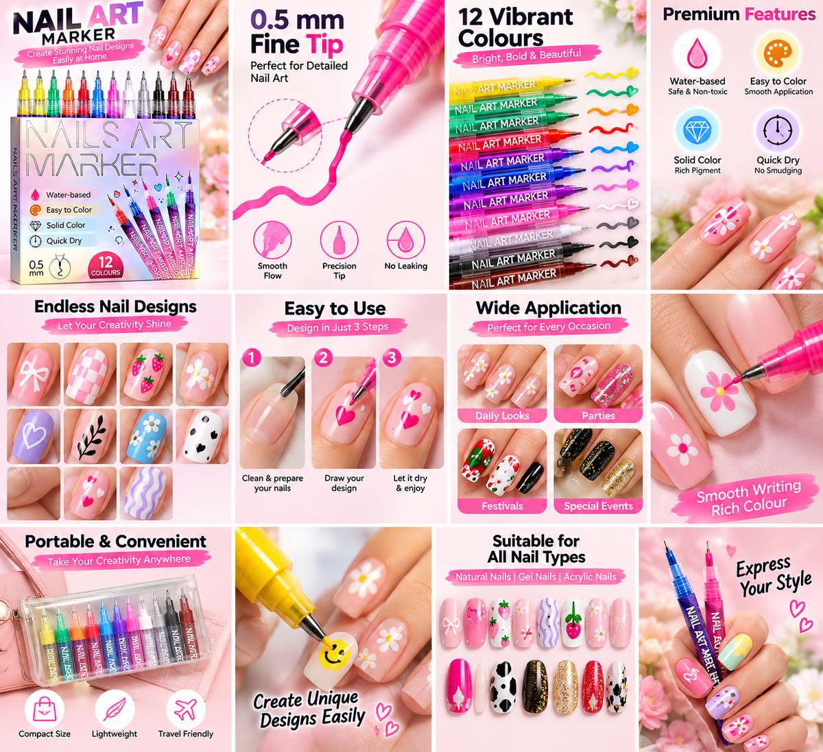 12 Colors Nail Art Marker Pen Set